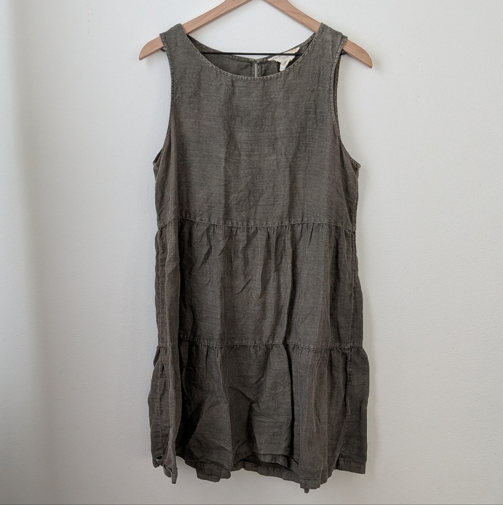 ❤️ Olive Green 100% Linen Mini Dress Tiered Size M